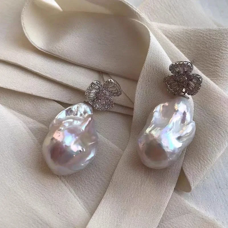 Flower CZ White Freshwater Extra Large Baroque Pearl Earrings