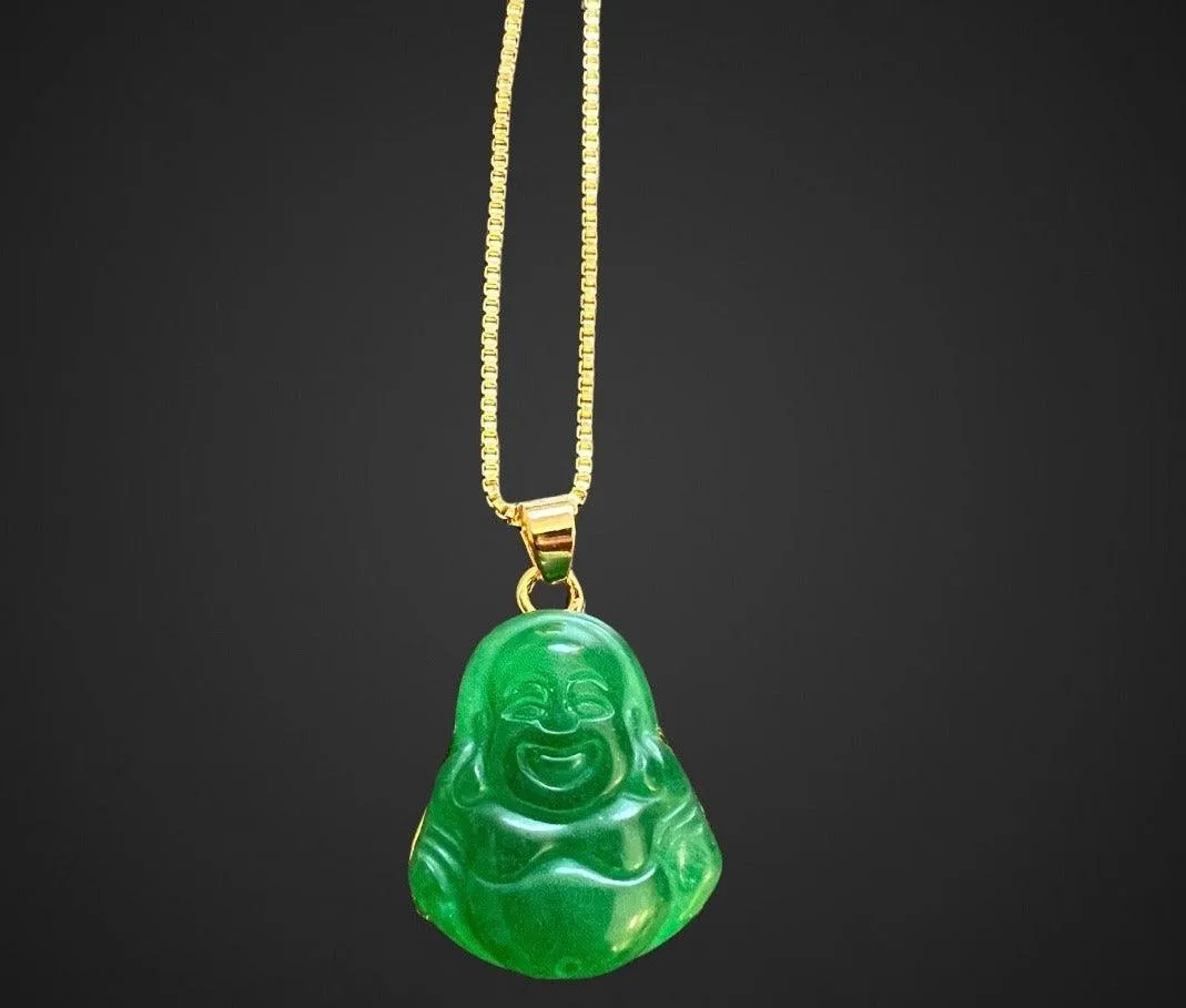 Gold Plated Jade Laughing Mini Buddha Pendant Necklace