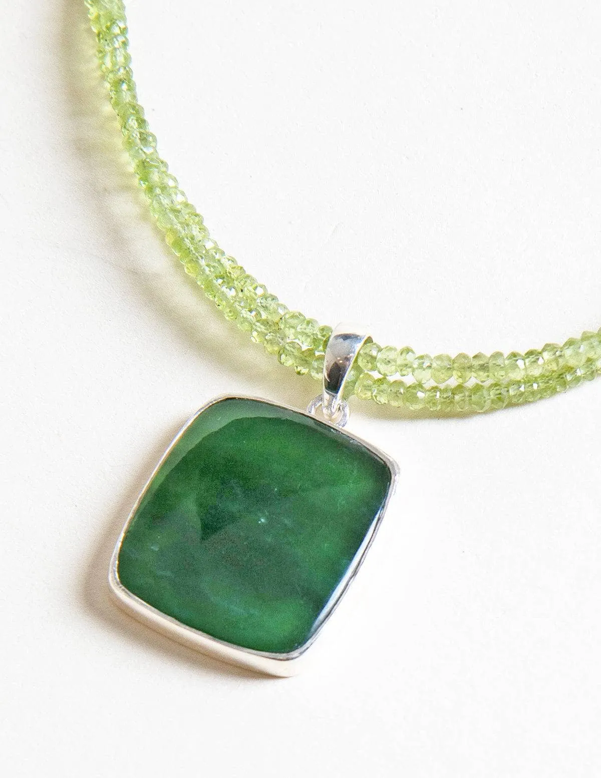 Green Nephrite Jade Square Pendant on Peridot Beaded Necklace - One of a Kind