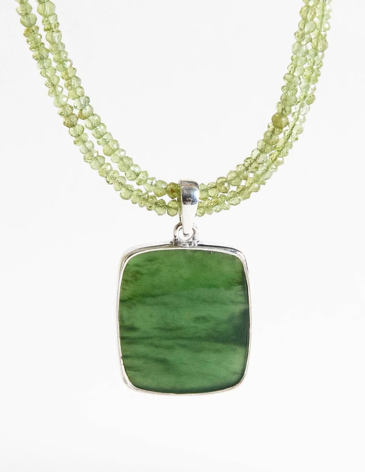 Green Nephrite Jade Square Pendant on Peridot Beaded Necklace - One of a Kind