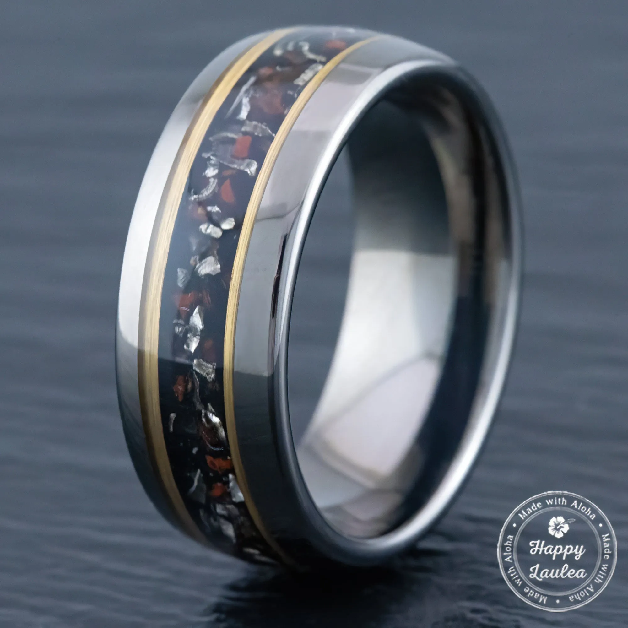 Gun Grey Tungsten Ring [8mm width] Meteorite & Dinosaur Bone