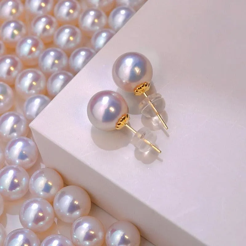 Hanadama Akoya 9mm Pearls Stud Earrings 18K Gold