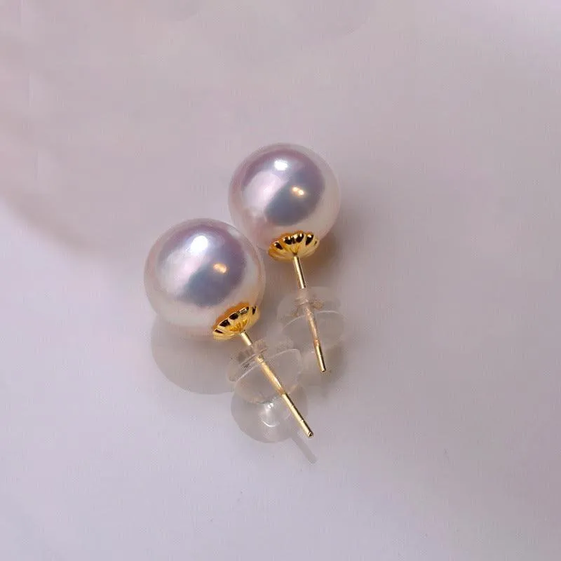 Hanadama Akoya 9mm Pearls Stud Earrings 18K Gold