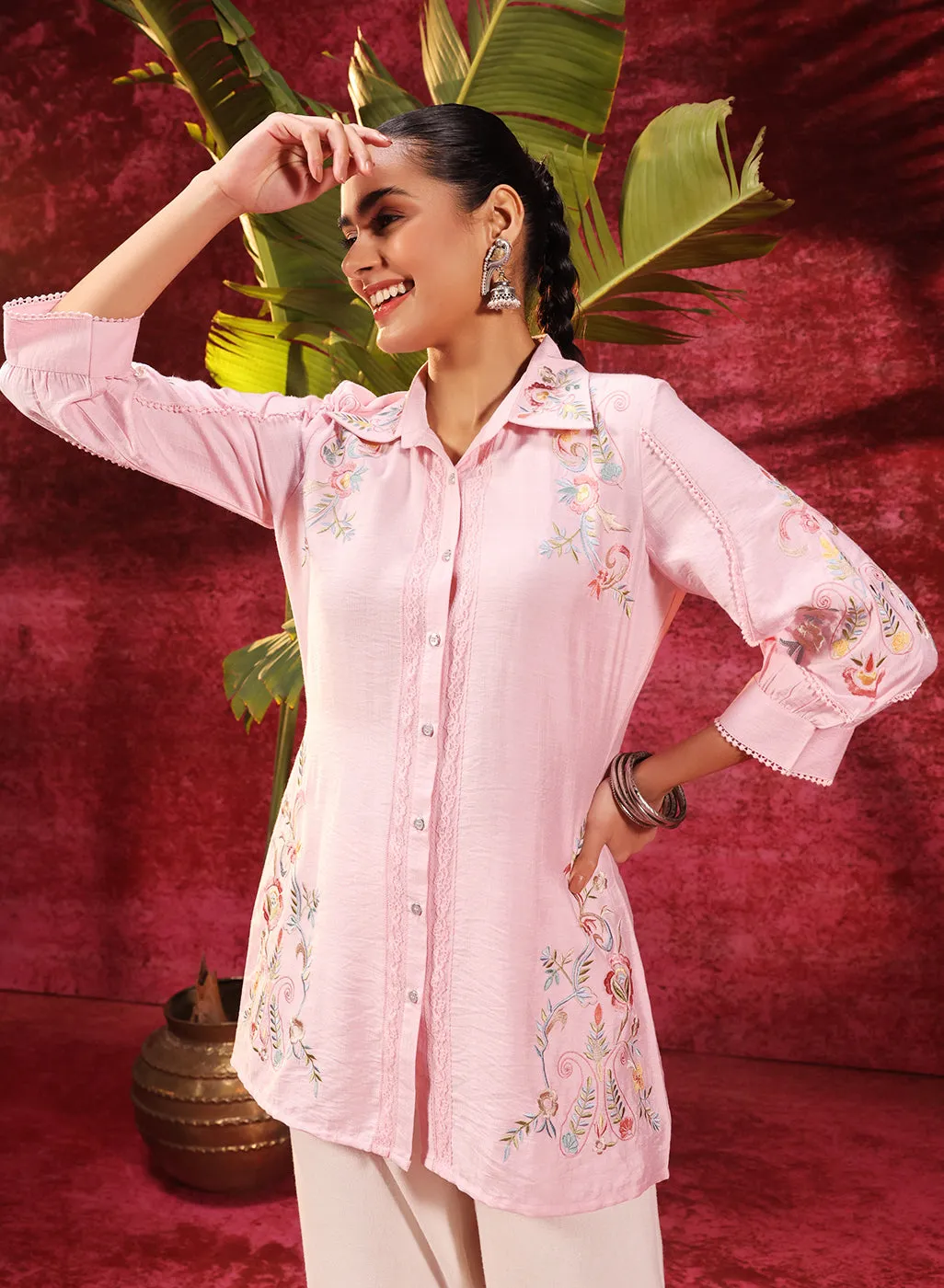 Hania Light Pink Embroidered Cotton Silk Shirt for Women