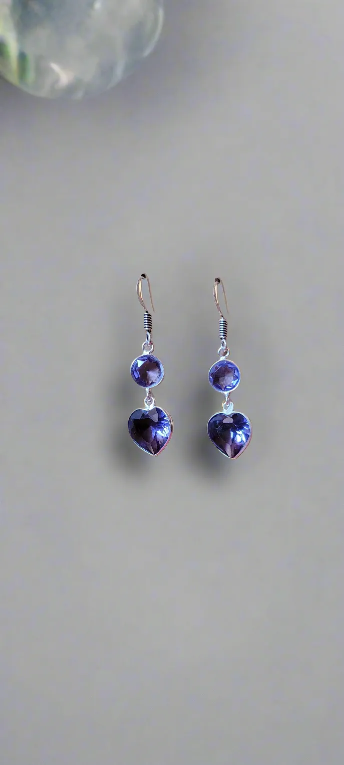 Heart & Circle Tanzanite Dangle Earrings in .925 Sterling Silver Handmade Artisan Jewelry