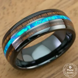 HI-TECH Black Ceramic Ring with Blue Opal & Hawaiian Koa Wood Tri Inlay - 8mm, Dome Shape, Comfort Fitment