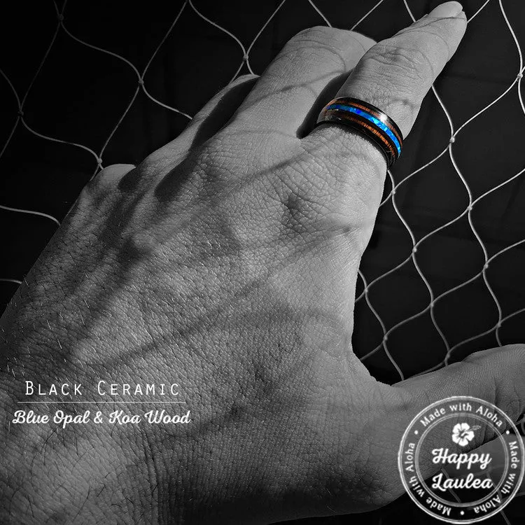 HI-TECH Black Ceramic Ring with Blue Opal & Hawaiian Koa Wood Tri Inlay - 8mm, Dome Shape, Comfort Fitment