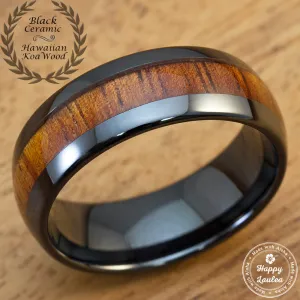 HI-TECH Black Ceramic Ring with Hawaiian Koa Wood Inlay - 8mm, Dome Shape, Comfort Fitment