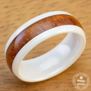 HI-TECH White Ceramic Ring with Hawaiian Koa Wood Inlay - 8mm, Dome Shape, Comfort Fitment