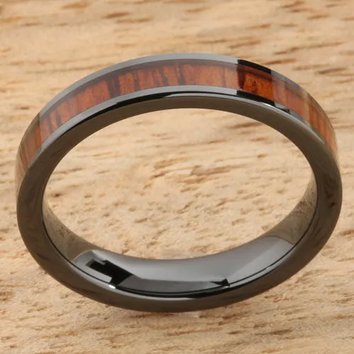 High Tech Black Ceramic Natural Koa Wood Flat Wedding Ring 4mm