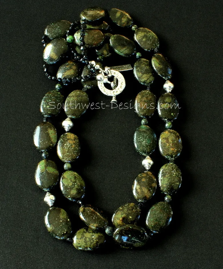 Kambaba Jasper Ovals 2-Strand Necklace with Serpentine Rounds, Czechoslovakian Nailheads and Sterling Silver