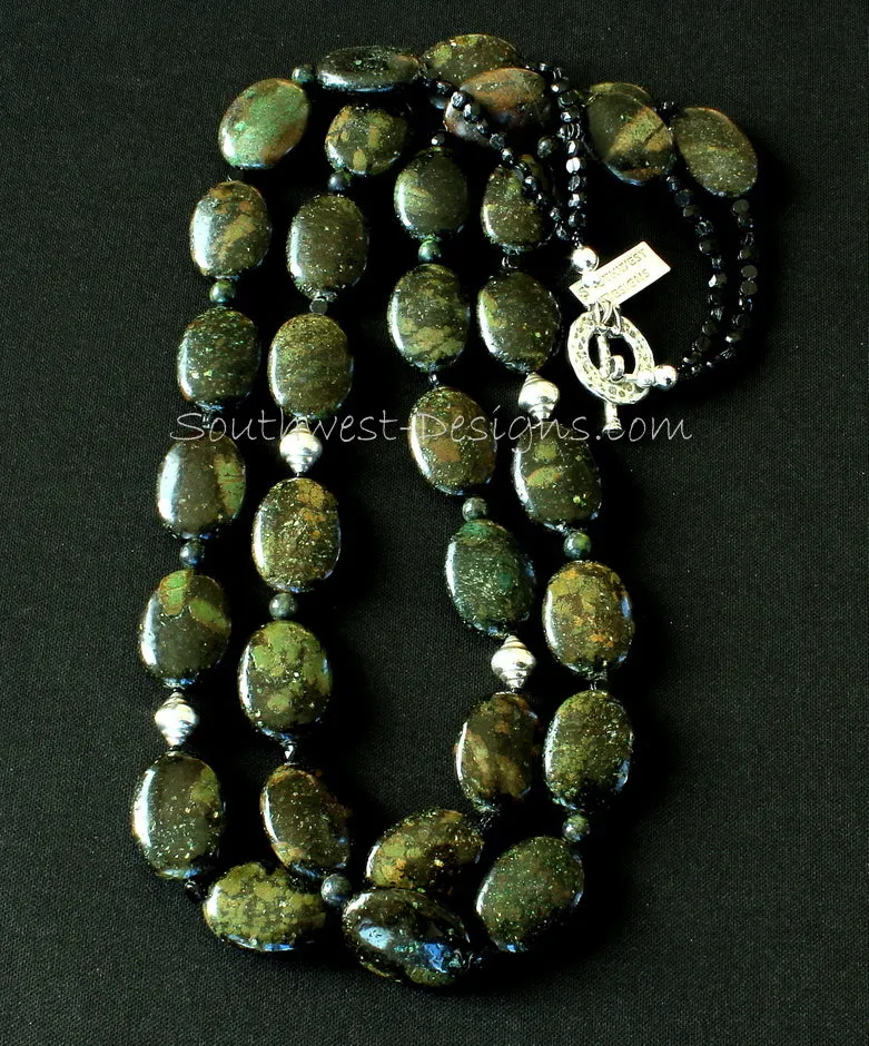 Kambaba Jasper Ovals 2-Strand Necklace with Serpentine Rounds, Czechoslovakian Nailheads and Sterling Silver