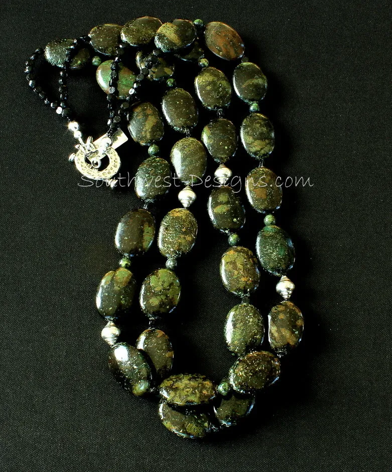 Kambaba Jasper Ovals 2-Strand Necklace with Serpentine Rounds, Czechoslovakian Nailheads and Sterling Silver