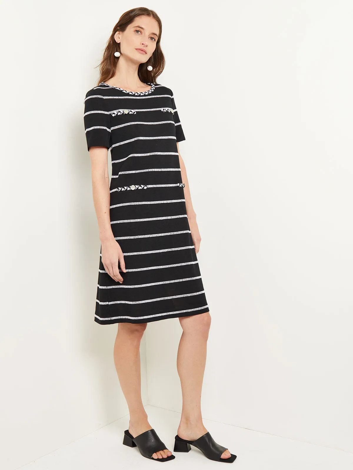 Knee Length Shift Dress - Scoop Neck Intarsia Knit