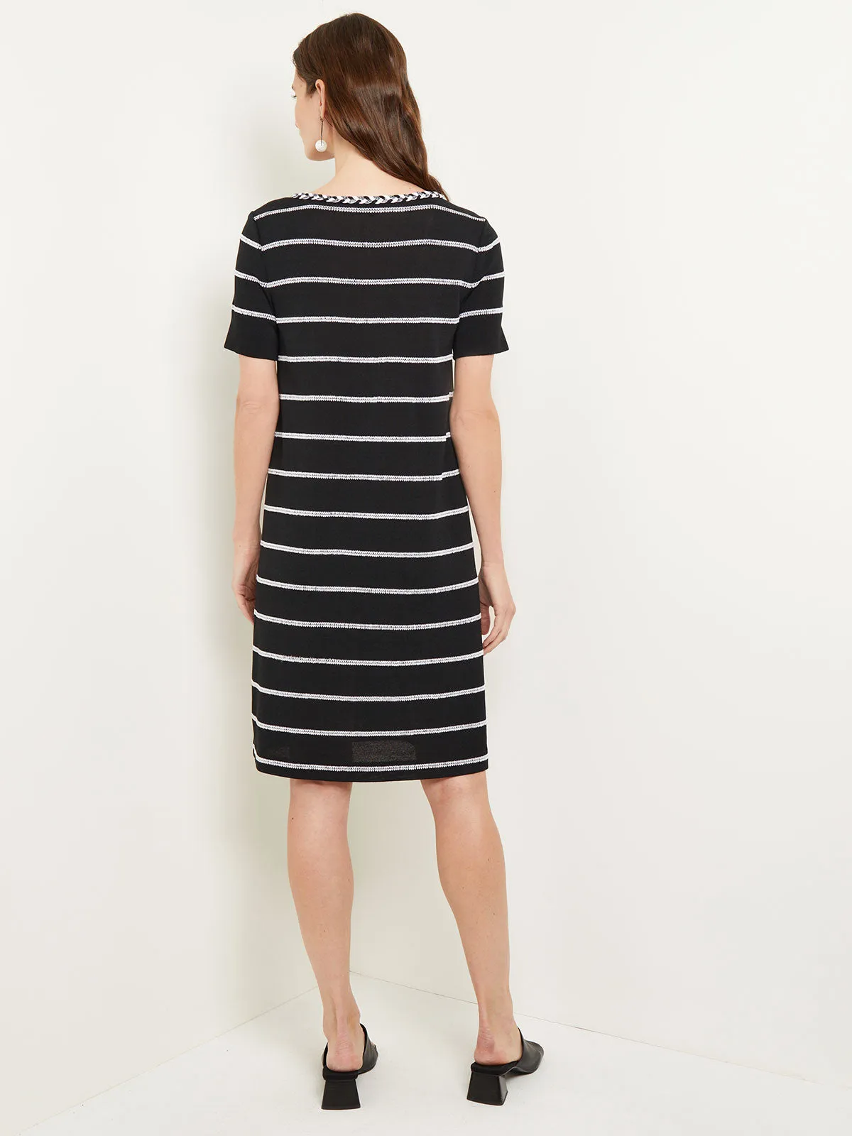 Knee Length Shift Dress - Scoop Neck Intarsia Knit