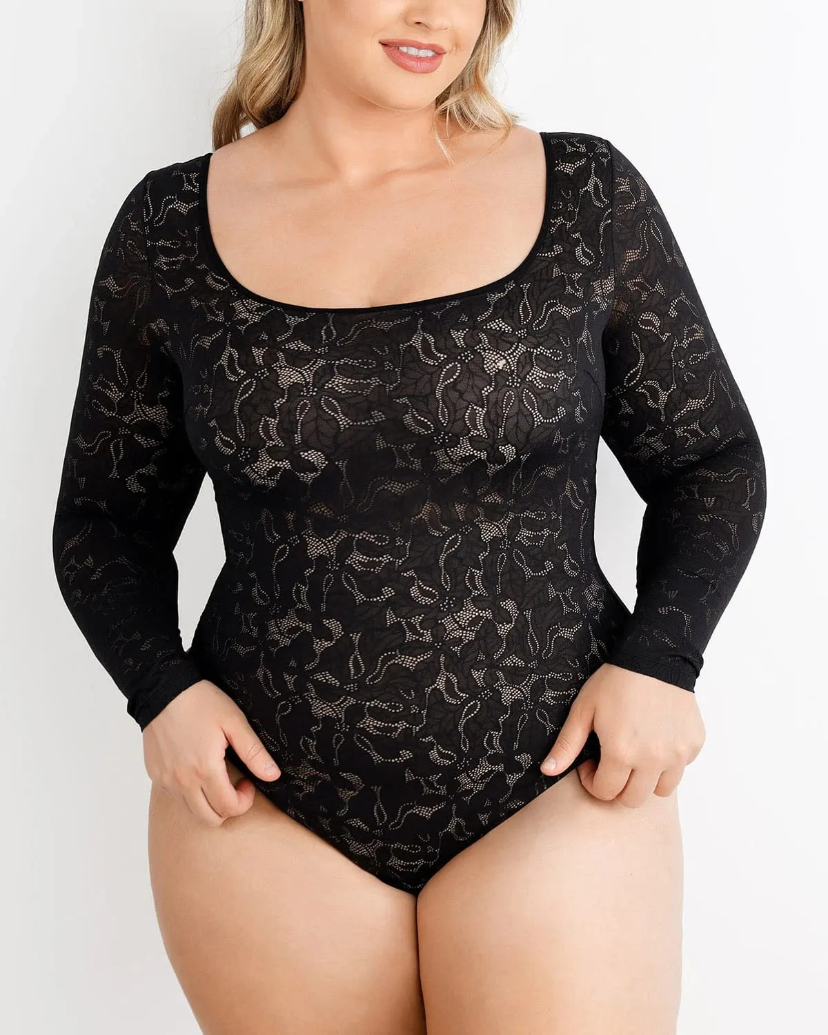 Lace Glamour Leavy Florals Long Sleeve Bodysuit