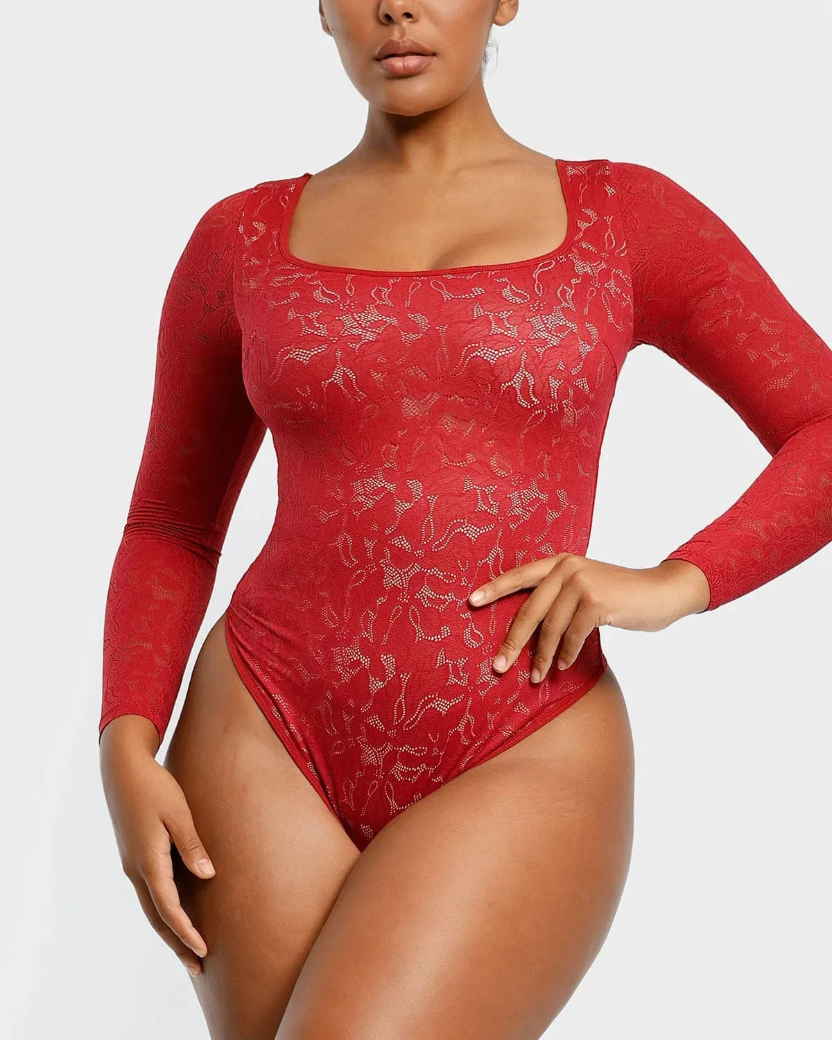 Lace Glamour Leavy Florals Long Sleeve Bodysuit