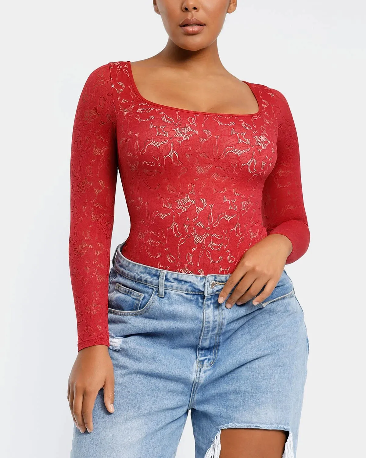 Lace Glamour Leavy Florals Long Sleeve Bodysuit