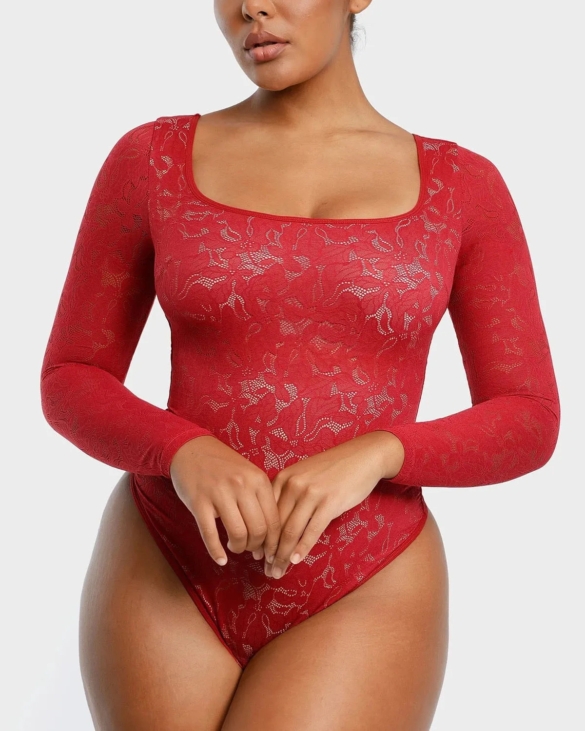 Lace Glamour Leavy Florals Long Sleeve Bodysuit