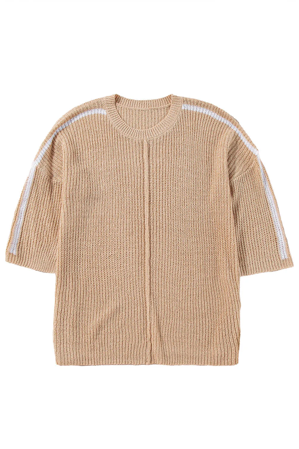 Light French Beige Contrast 3/4 Sleeve Crew Neck Sweater