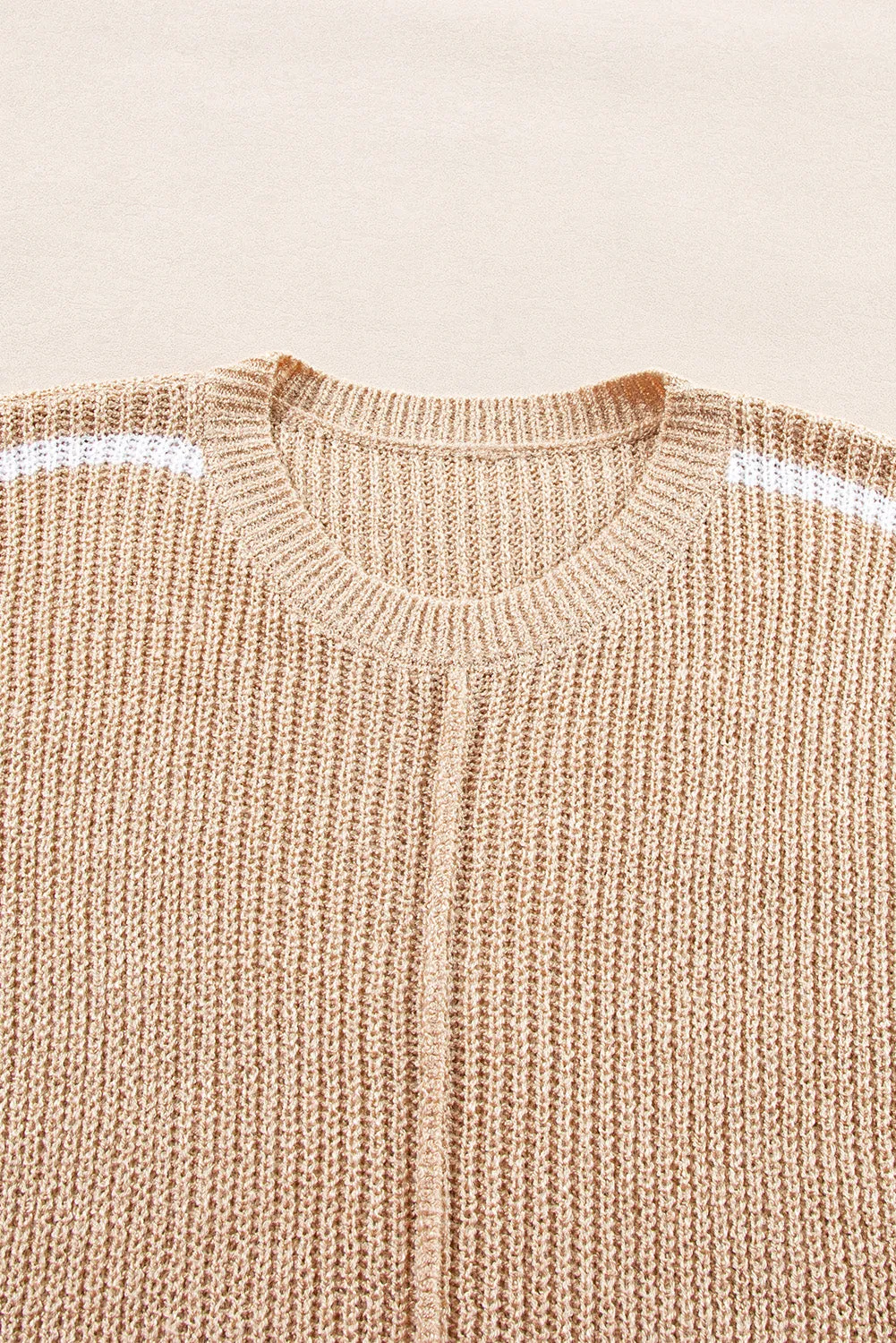 Light French Beige Contrast 3/4 Sleeve Crew Neck Sweater