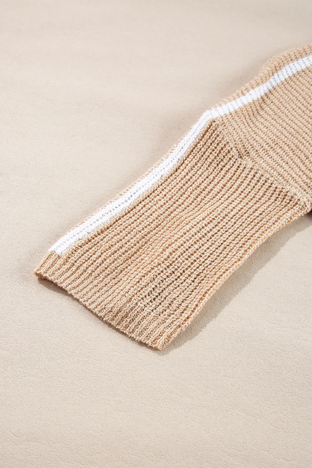 Light French Beige Contrast 3/4 Sleeve Crew Neck Sweater