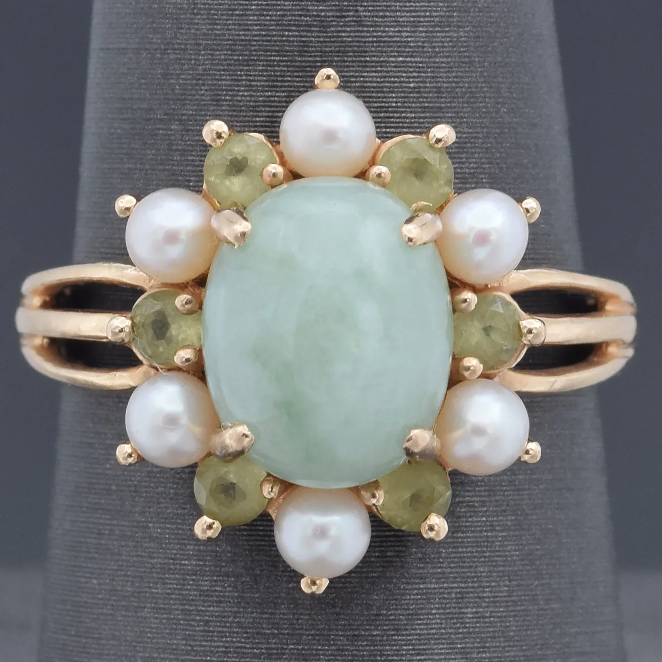 Meda Green Jade, Peridot and Pearl 14K Yellow Gold Band Ring Size 7.5