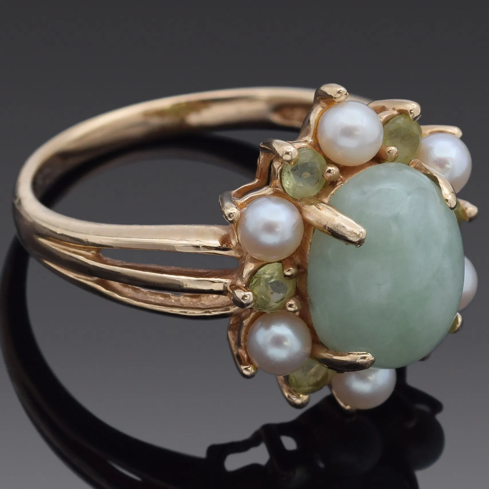 Meda Green Jade, Peridot and Pearl 14K Yellow Gold Band Ring Size 7.5