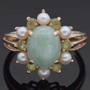 Meda Green Jade, Peridot and Pearl 14K Yellow Gold Band Ring Size 7.5