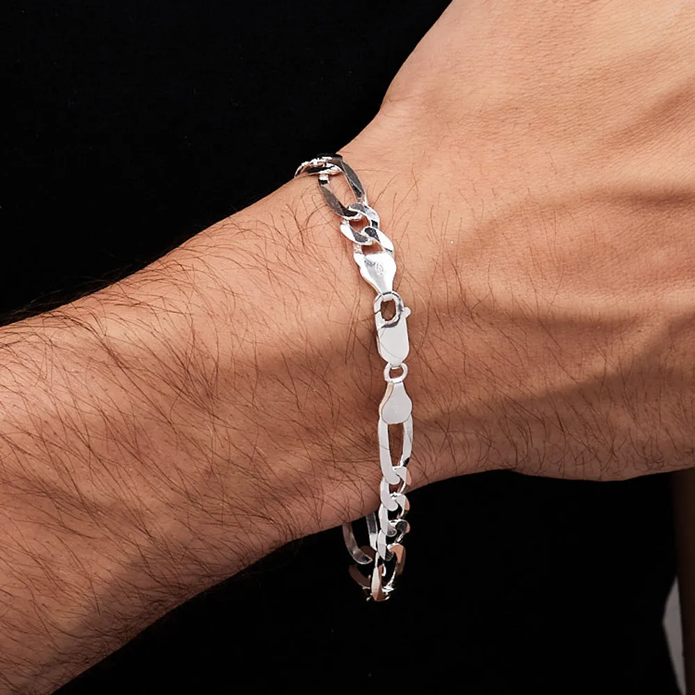 Men's 8mm 925 Sterling Silver Figaro Chain Bracelet | Made in Italy