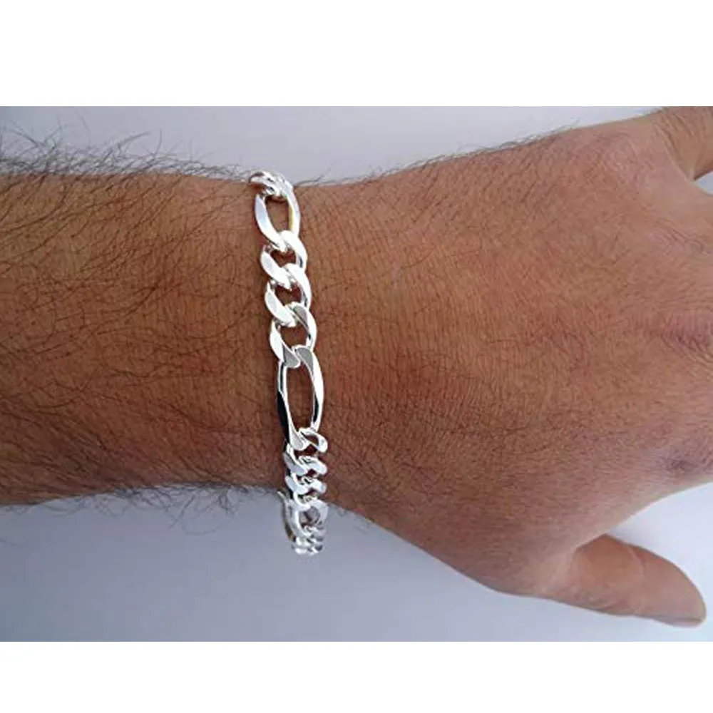 Men's 8mm 925 Sterling Silver Figaro Chain Bracelet | Made in Italy