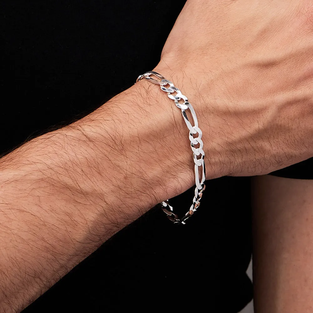 Men's 8mm 925 Sterling Silver Figaro Chain Bracelet | Made in Italy