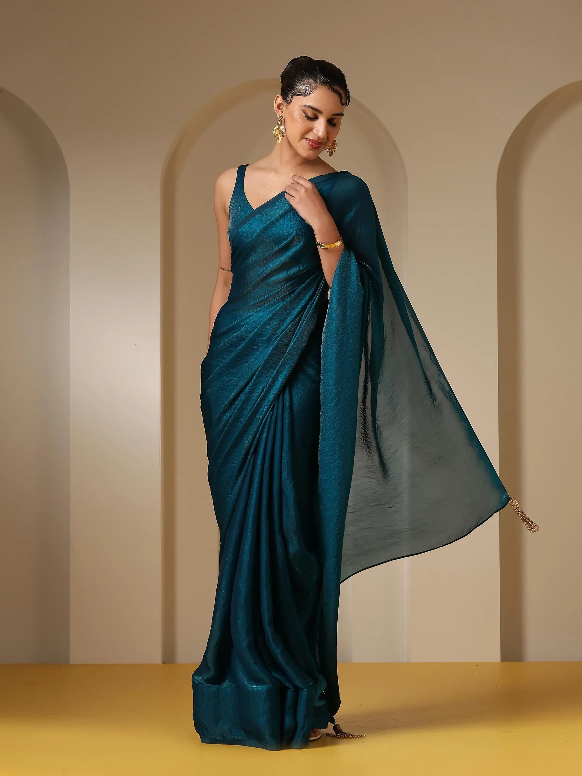 Metallic Peacock Blue Satin Saree with Self Blouse Fabric