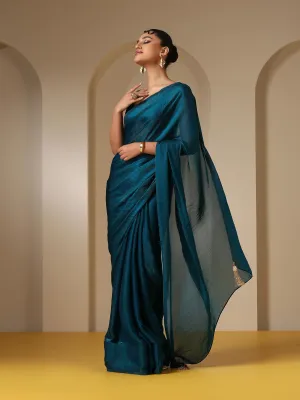 Metallic Peacock Blue Satin Saree with Self Blouse Fabric