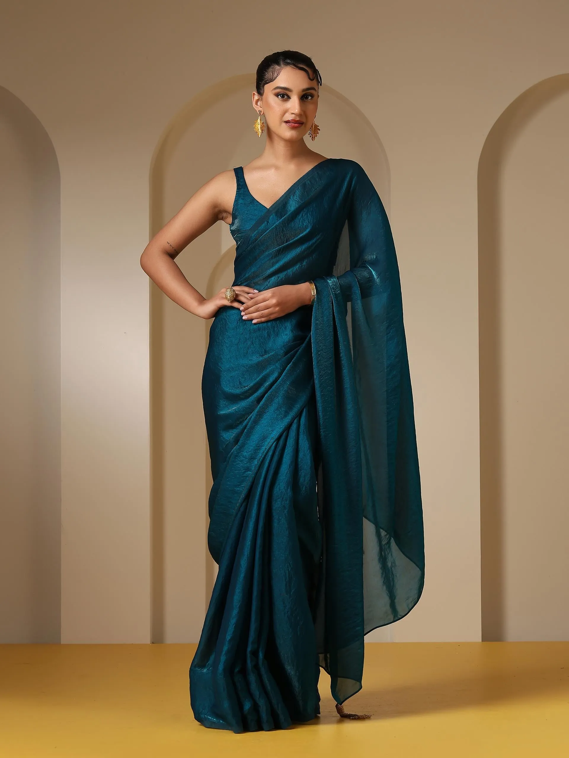 Metallic Peacock Blue Satin Saree with Self Blouse Fabric