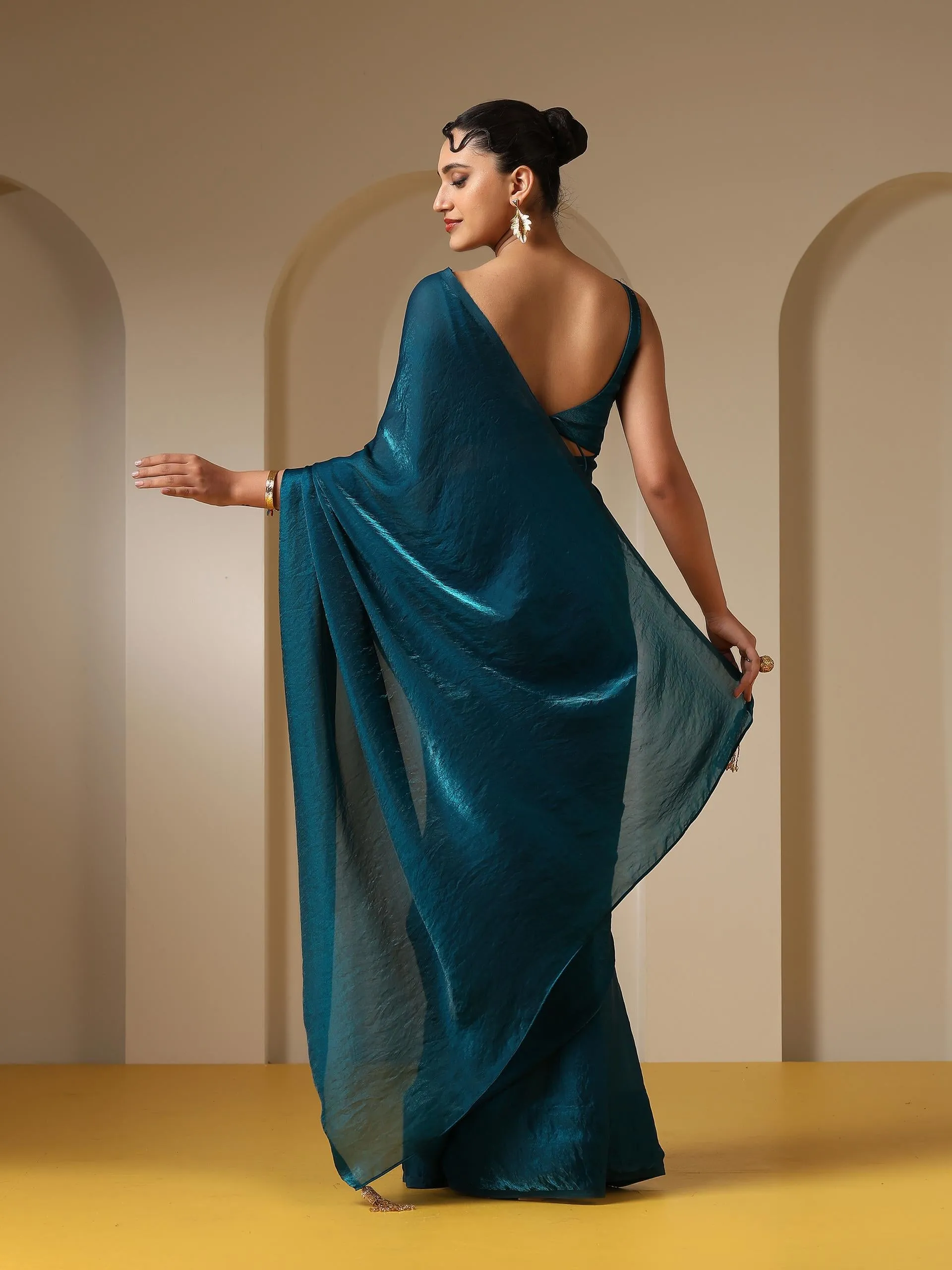 Metallic Peacock Blue Satin Saree with Self Blouse Fabric