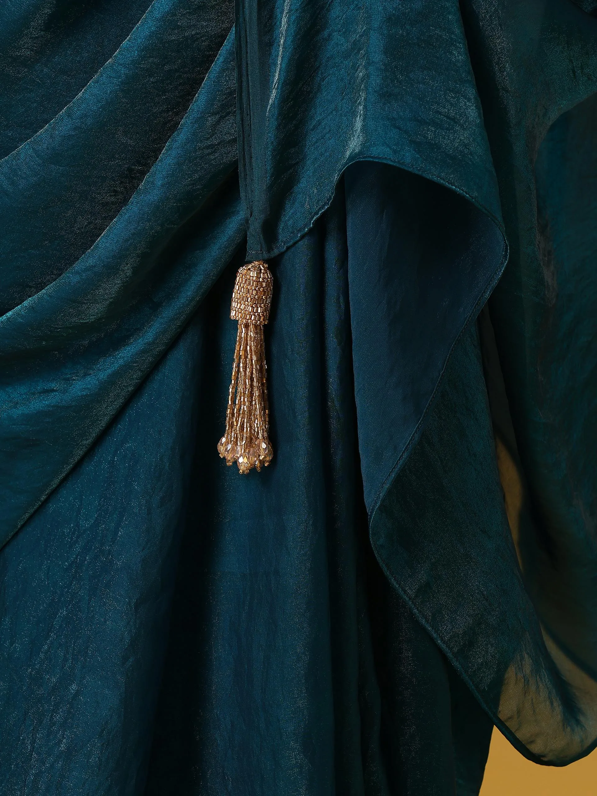 Metallic Peacock Blue Satin Saree with Self Blouse Fabric