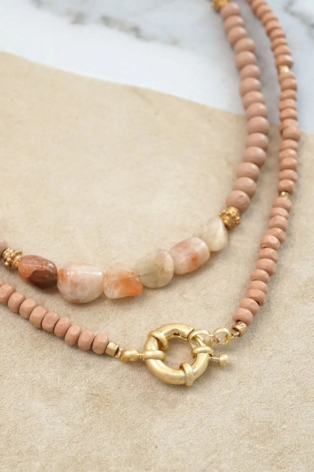 Multi Strand Stone and Wooden Beads Short Statement Necklace in Rose Peach Pink and Gold