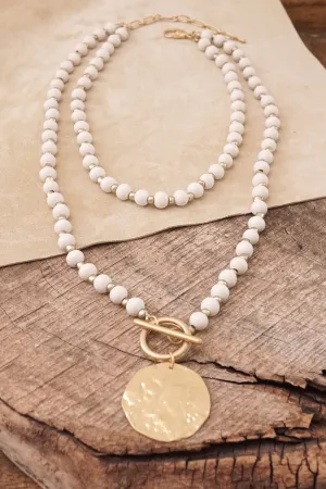 Multi Strand Wooden Beads Short Coin Necklace in Cream and Gold