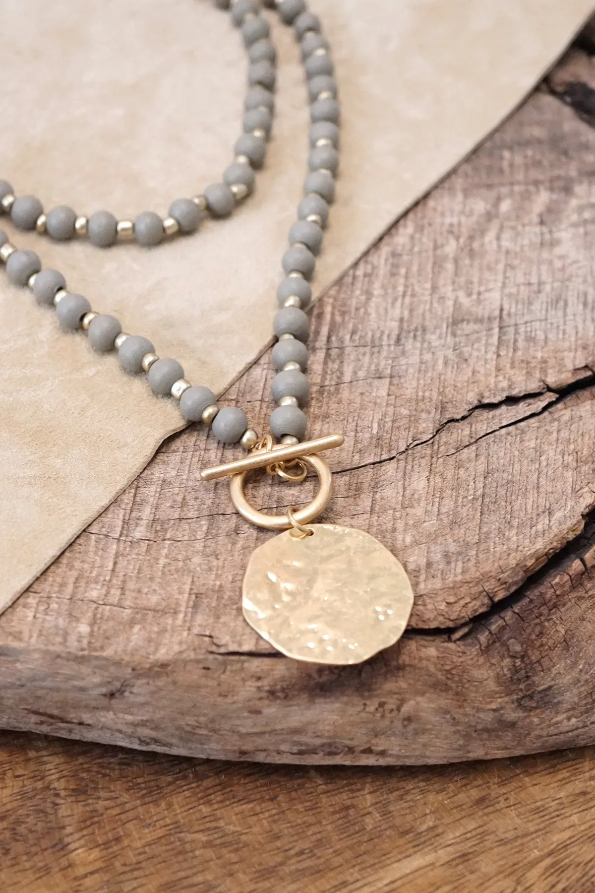 Multi Strand Wooden Beads Short Coin Necklace in Grey and Gold