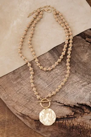 Multi Strand Wooden Beads Short Coin Necklace in Neutral and Gold