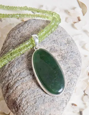 Nephrite Jade Pendant on Peridot Beaded Necklace - One of a Kind