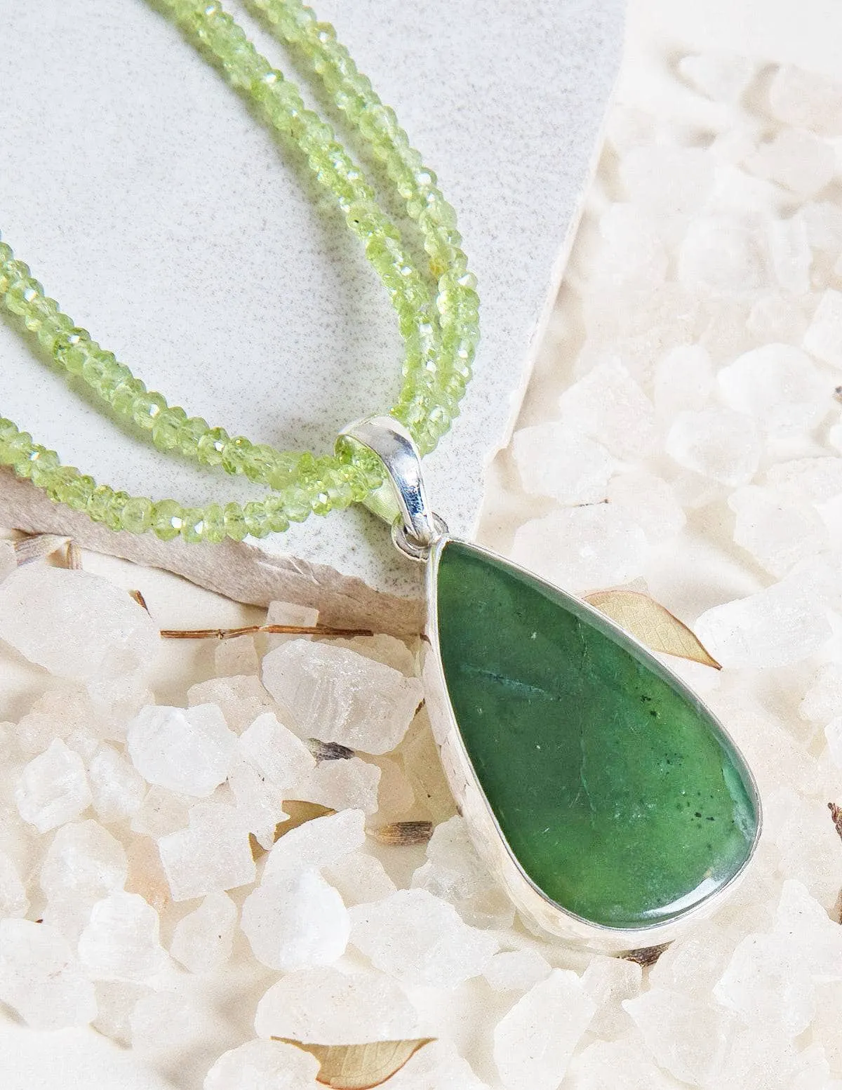 Nephrite Jade Teardrop Pendant on Peridot Beaded Necklace - One of a Kind