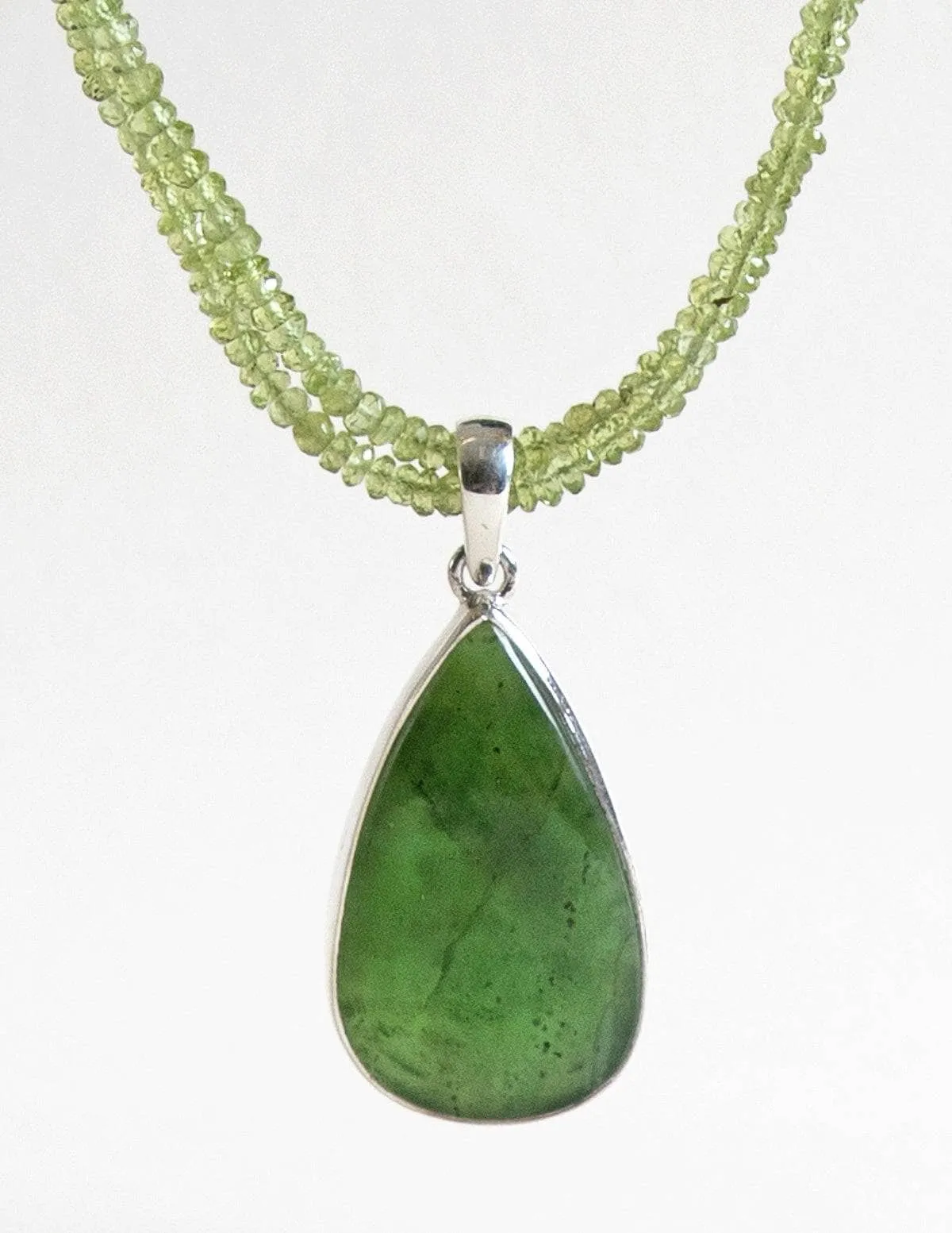 Nephrite Jade Teardrop Pendant on Peridot Beaded Necklace - One of a Kind