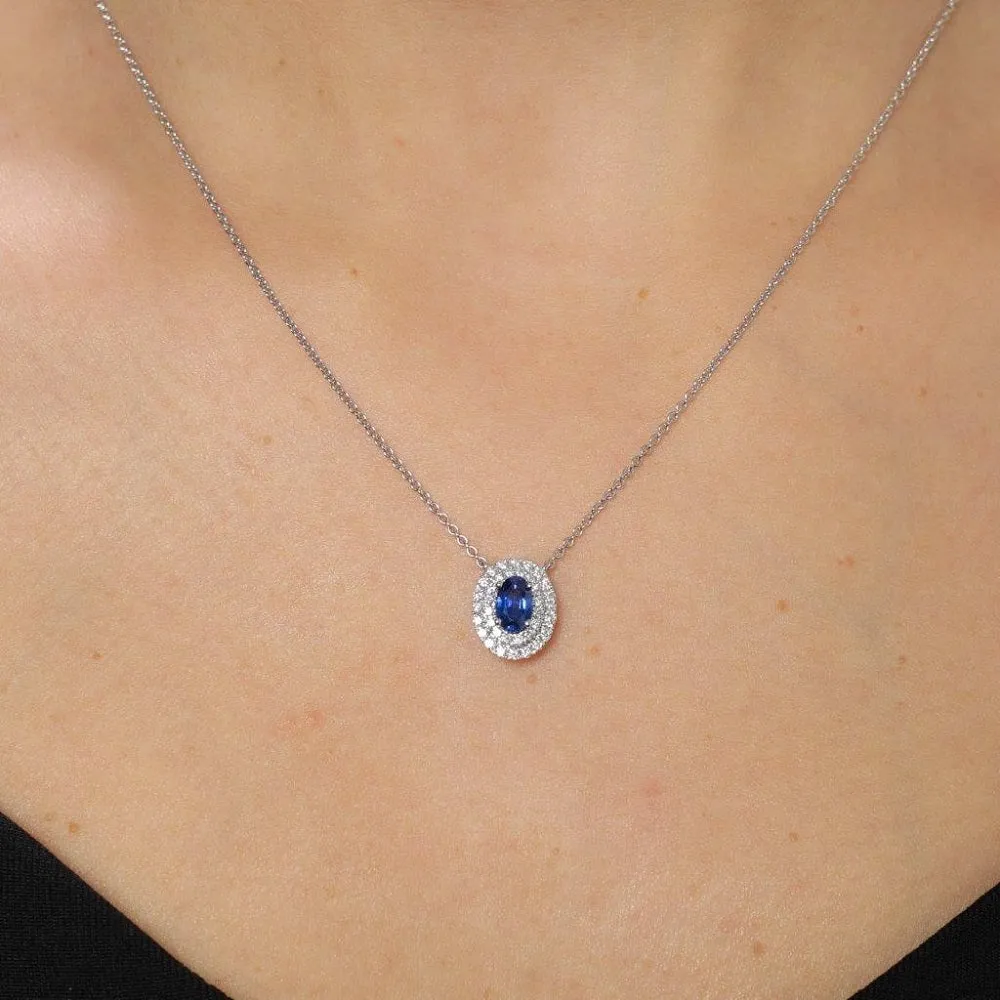 Oval Blue Sapphire With Diamond Double Halo Necklace (0.73 ct.) in 18K Gold