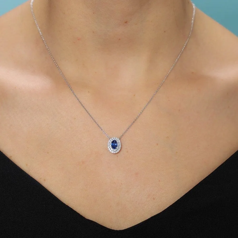 Oval Blue Sapphire With Diamond Double Halo Necklace (0.73 ct.) in 18K Gold