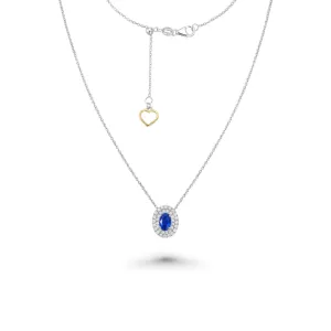 Oval Blue Sapphire With Diamond Double Halo Necklace (0.73 ct.) in 18K Gold