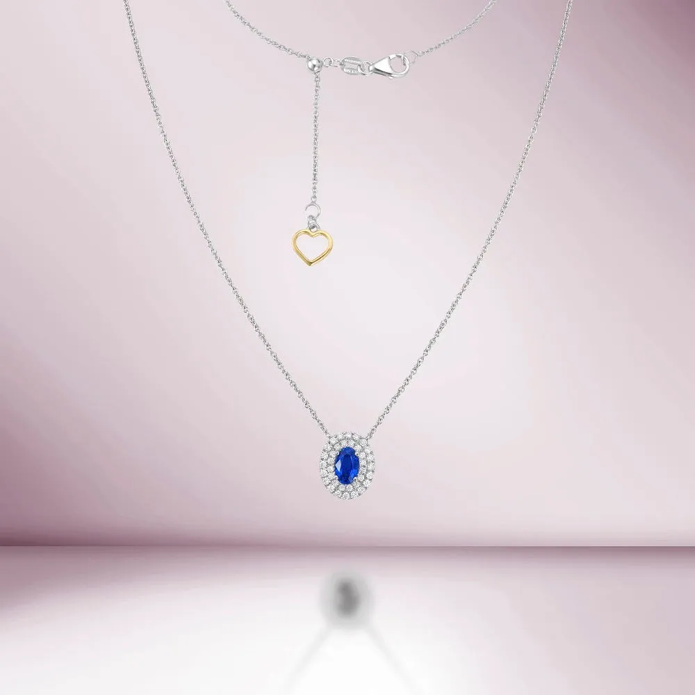 Oval Blue Sapphire With Diamond Double Halo Necklace (0.73 ct.) in 18K Gold