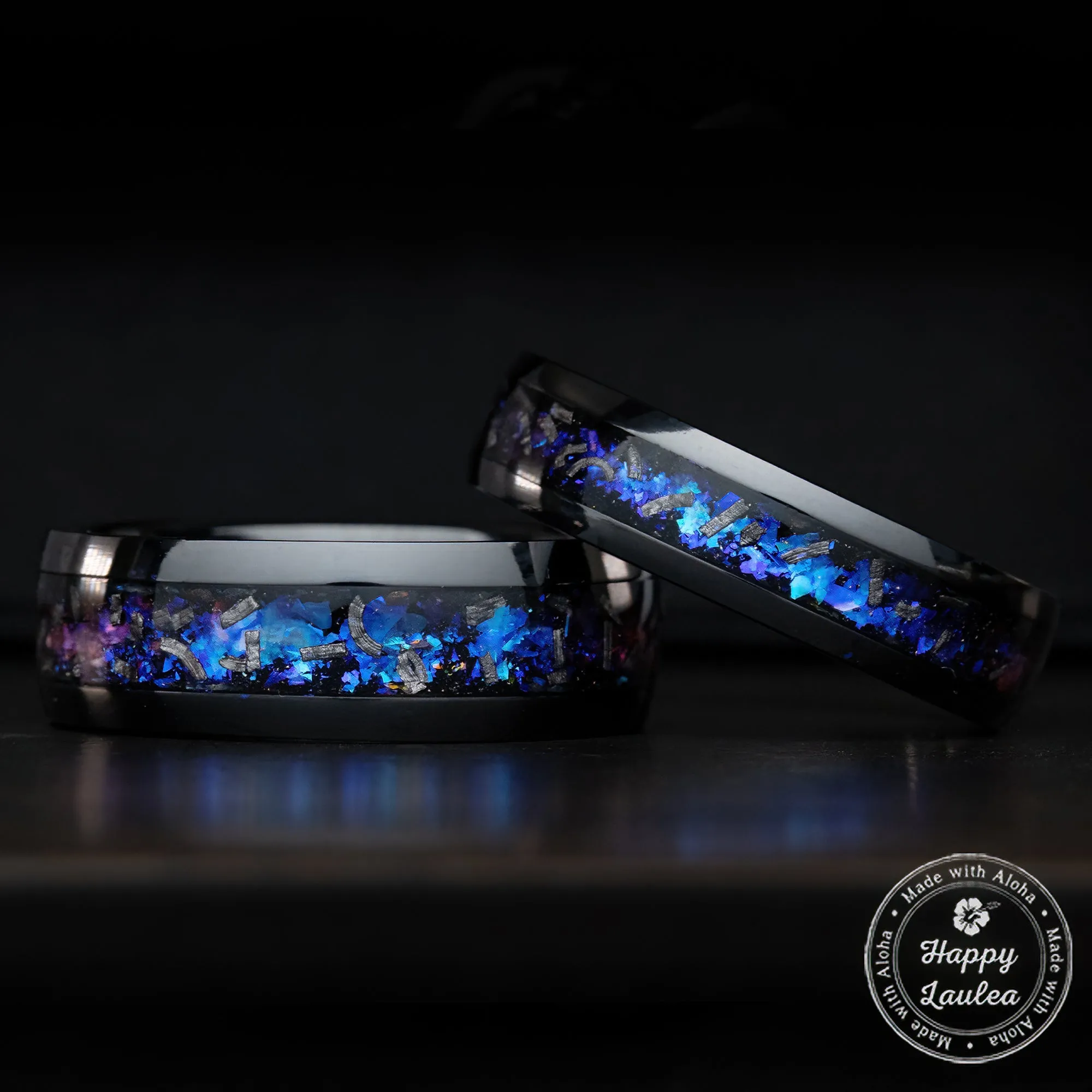 Pair of Blue Fire Opal & Meteorite [6 & 8mm] Black Titanium Ring Set