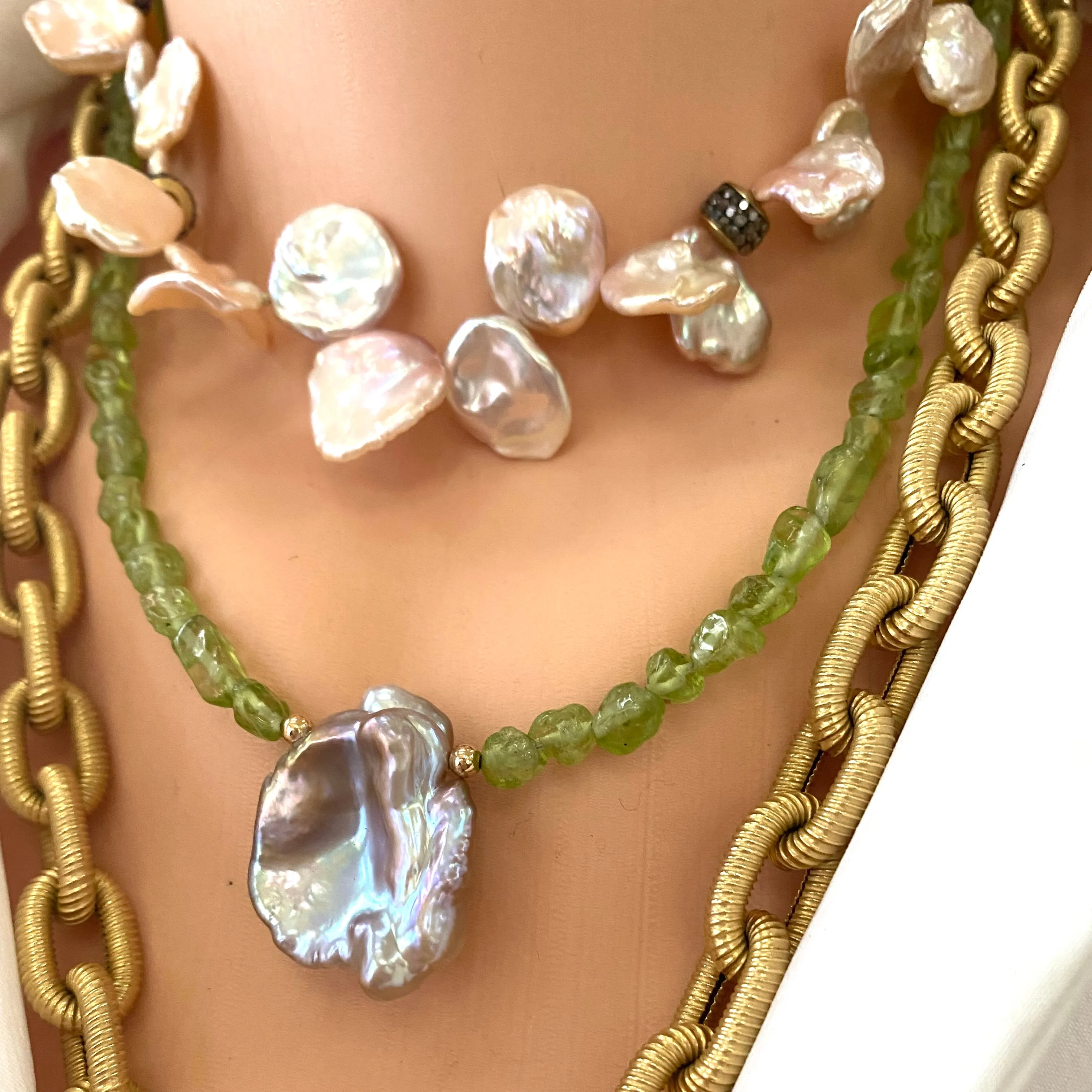 Peridot and Baroque Pearl Necklace, August Birthstone Necklace, Olivine Green Peridot Jewelry, Gold Filled, 17inches